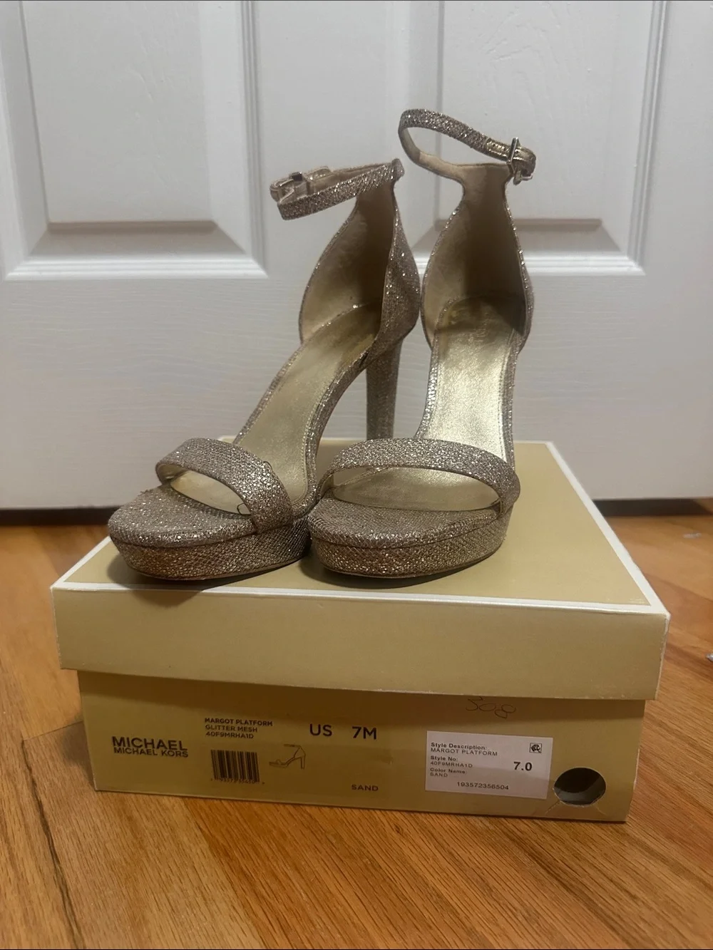 Michael Kors Glitter Sand Ankle-Strap Platform Heels